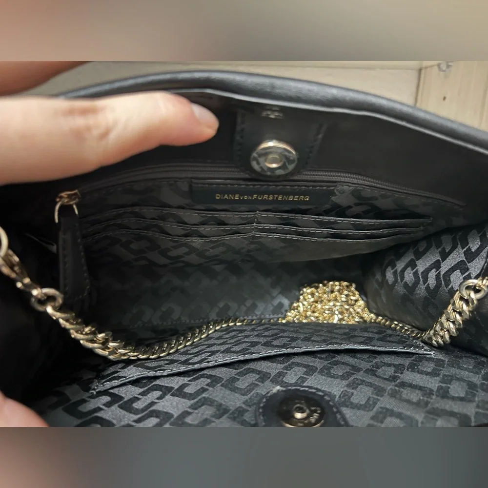 DVF Diane Von Furstenberg Black Suede Leather Gold Chain Handbag / Clutch